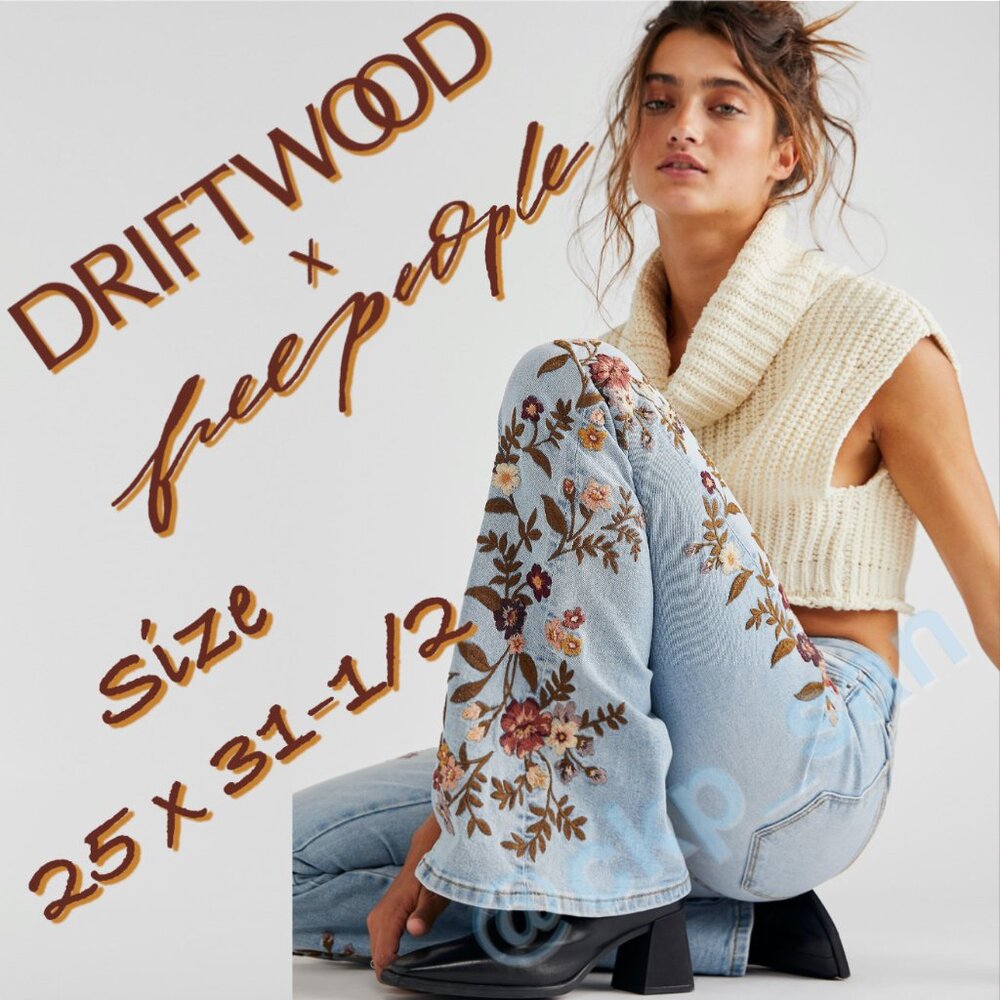 NWOT Free People x Driftwood Farrah Embroidered Flare Jeans Sz 25